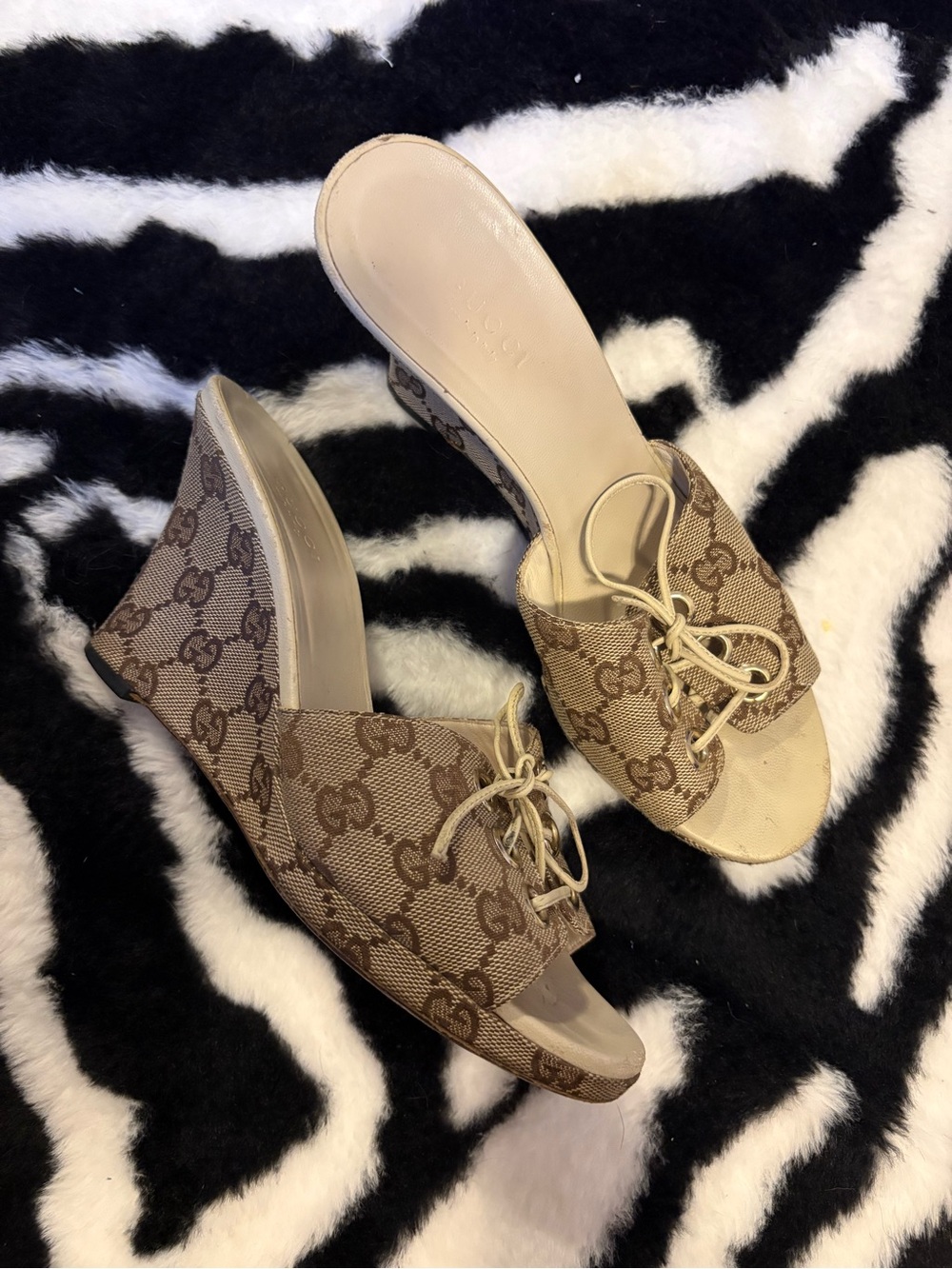 Gucci Brown/Beige GG Canvas Lace-Front Wedge Slides